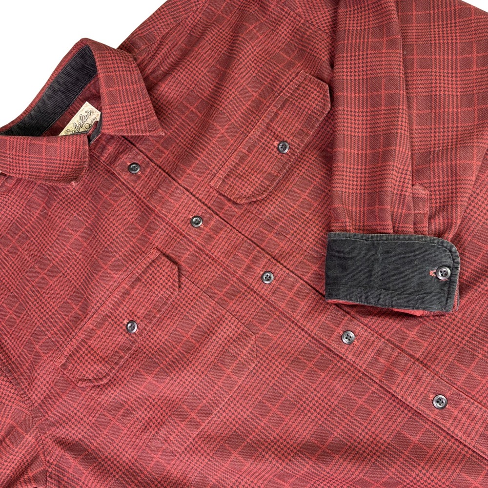 Cabelas Mens Large Red Plaid Flannel Button Down Shirt Corduroy Trim Long Sleeve